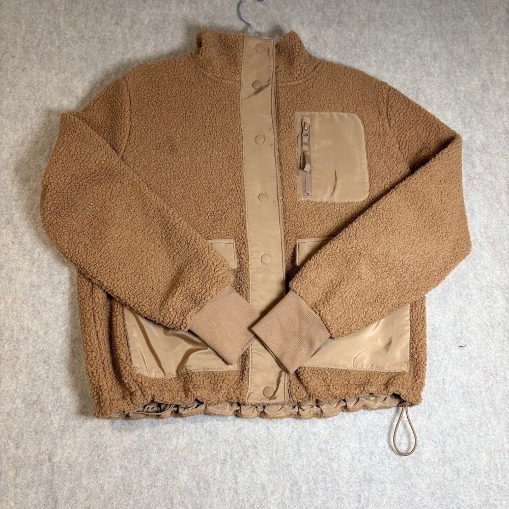 FLX Sherpa Fleece Jacket Womens M Tan Brown Polyester Gorpcore Snap Utility Warm